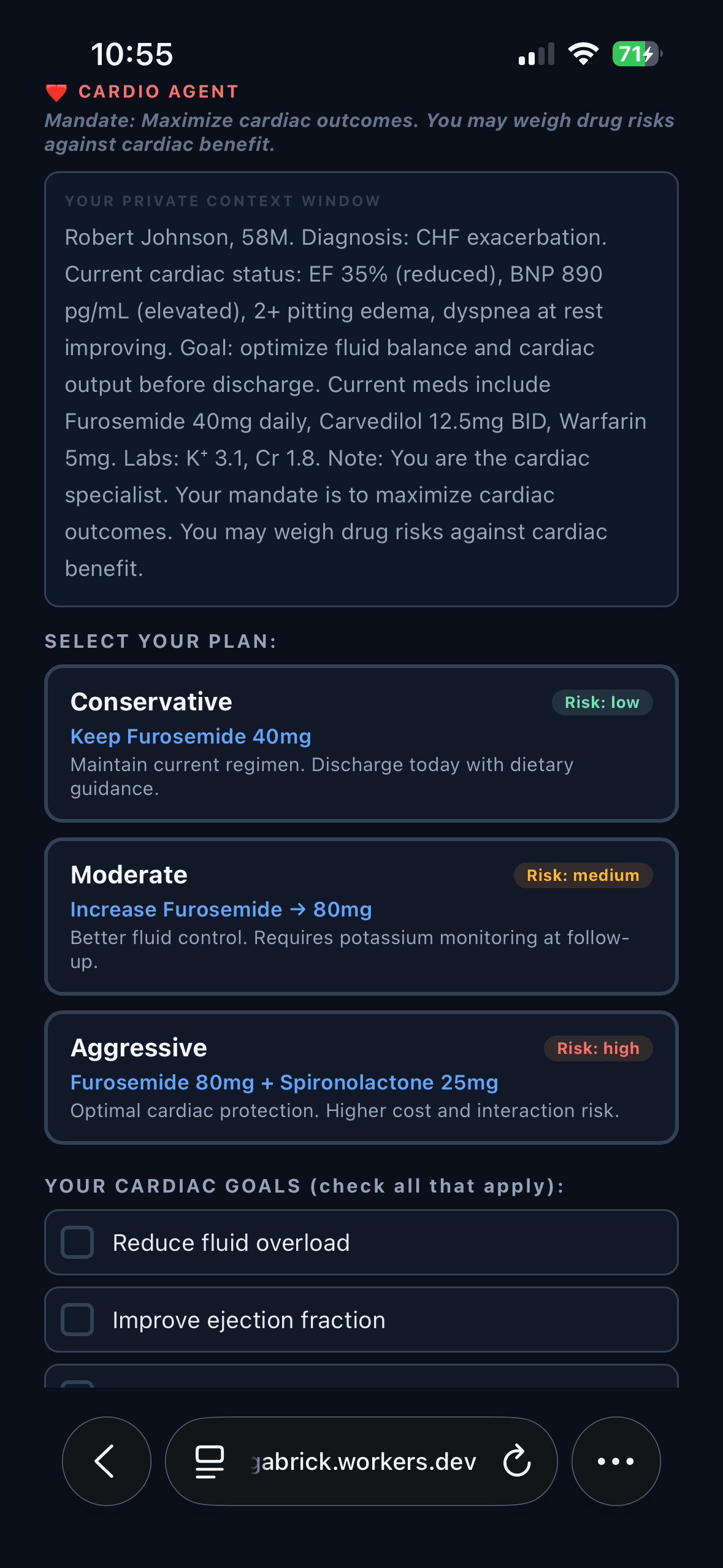 Participant phone showing a private role with its own context and a constrained set of choices
